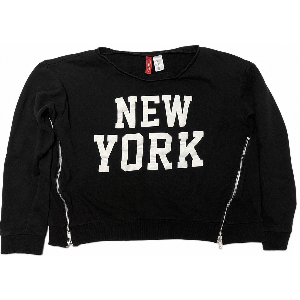 H&M New York Graphic Sweatshirt Women's Small Black Zip Detail Crewneck